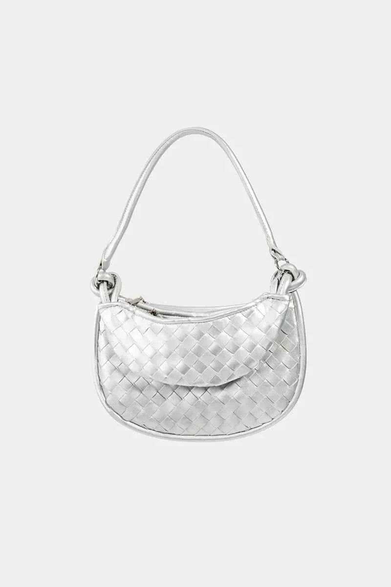 Fame PU Leather Basket Weave Half Moon Bag Silver One Size for a perfect OOTD – dress to impress outfits from Amexza