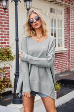 V-Neck Slit Exposed Seam Sweater for a perfect OOTD – dress to impress outfits from Amexza