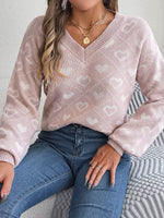 Heart Pattern V-Neck Long Sleeve Sweater for a perfect OOTD – dress to impress outfits from Amexza