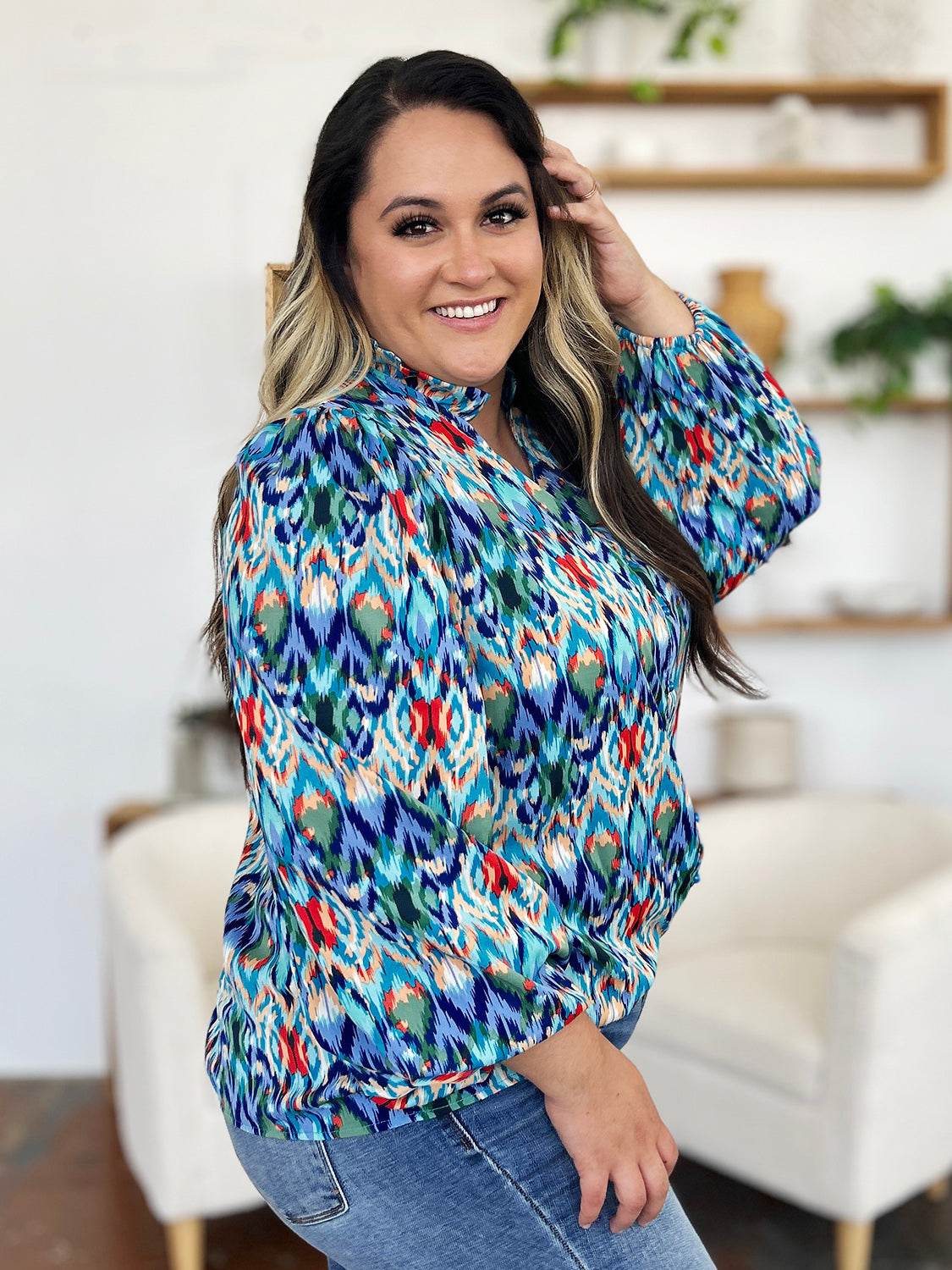 Double Take Full Size Printed Balloon Sleeve Blouse - Amexza