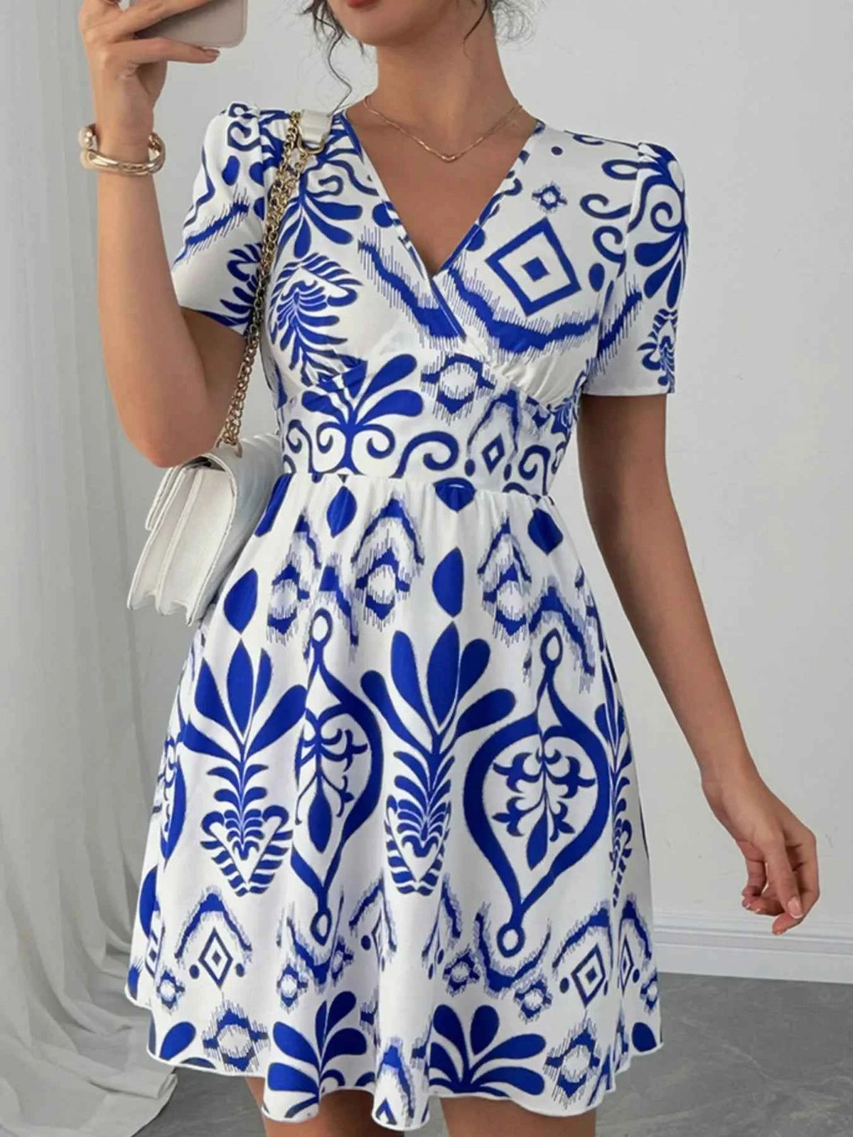 Printed Surplice Short Sleeve Dress
