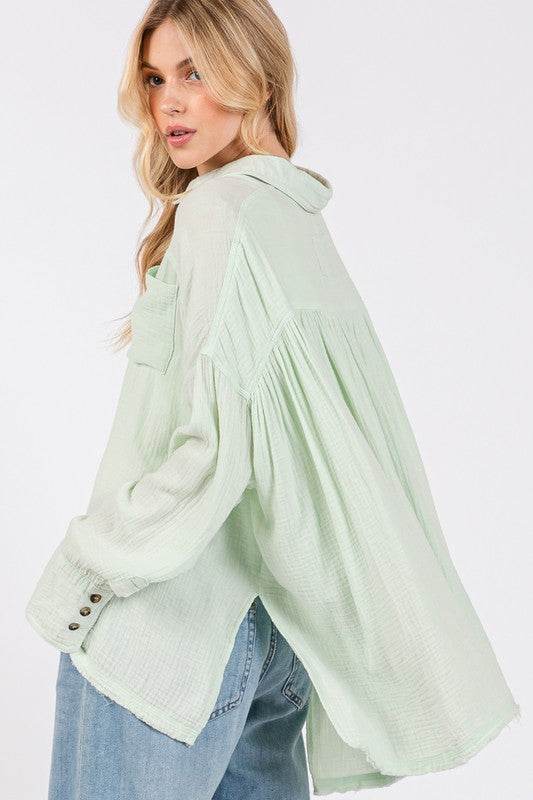 SAGE + FIG Frayed Hem Side Slit Button Down Shirt - Amexza