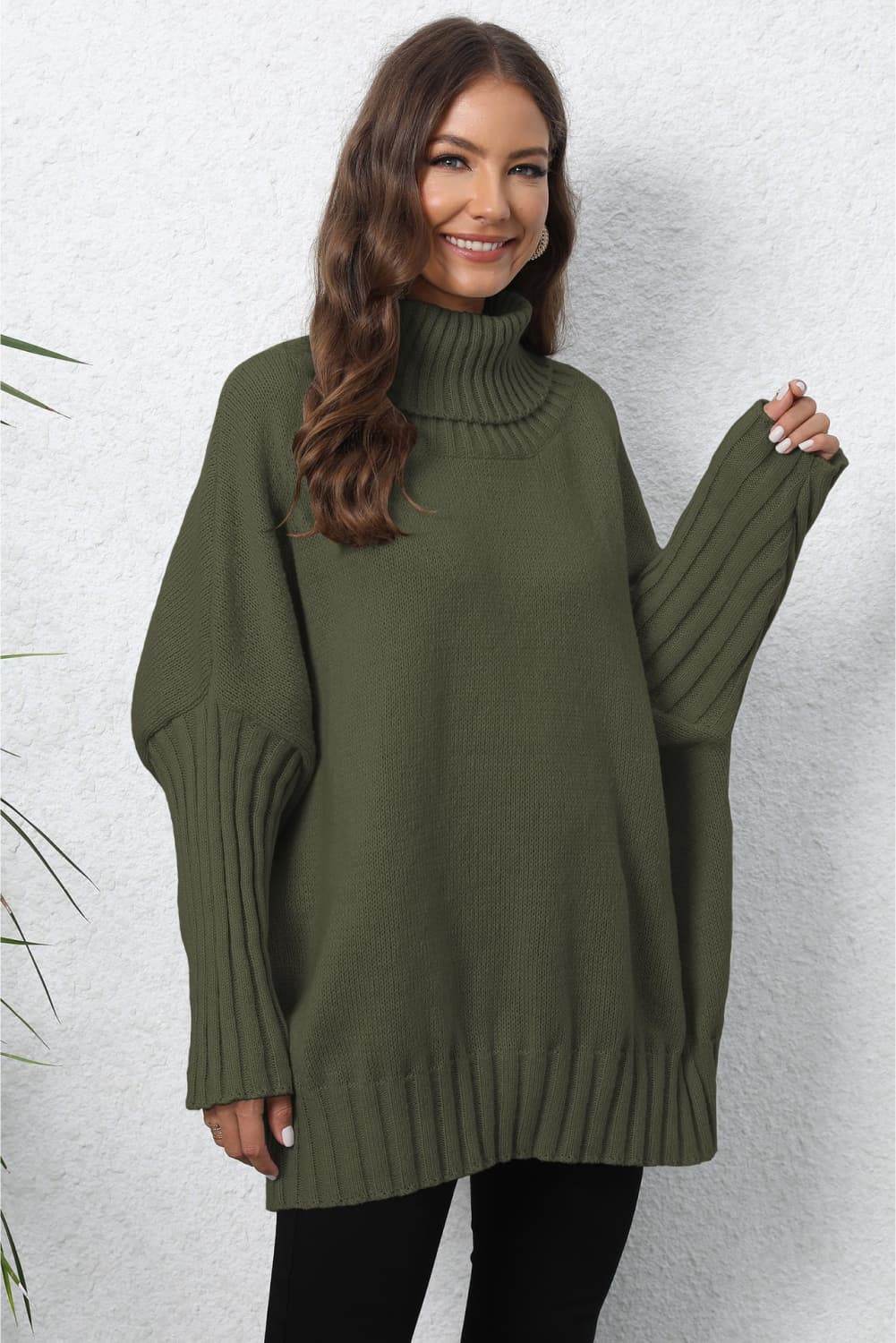 Turtle Neck Long Sleeve Ribbed Sweater Army Green One Size for a perfect OOTD – dress to impress outfits from Amexza