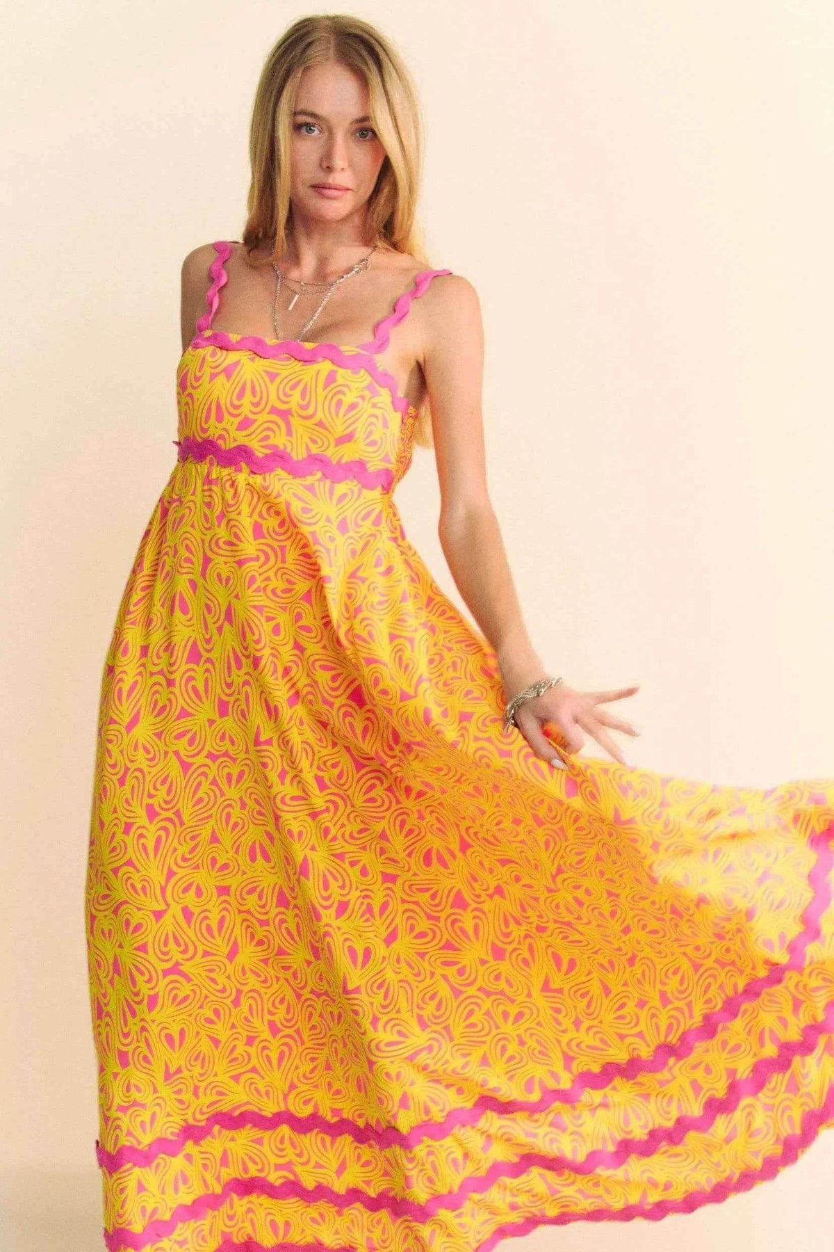 Davi & Dani Geo 2 Tone Printed Wavi Trim Tiered Maxi Dress for a perfect OOTD – dress to impress outfits from Amexza