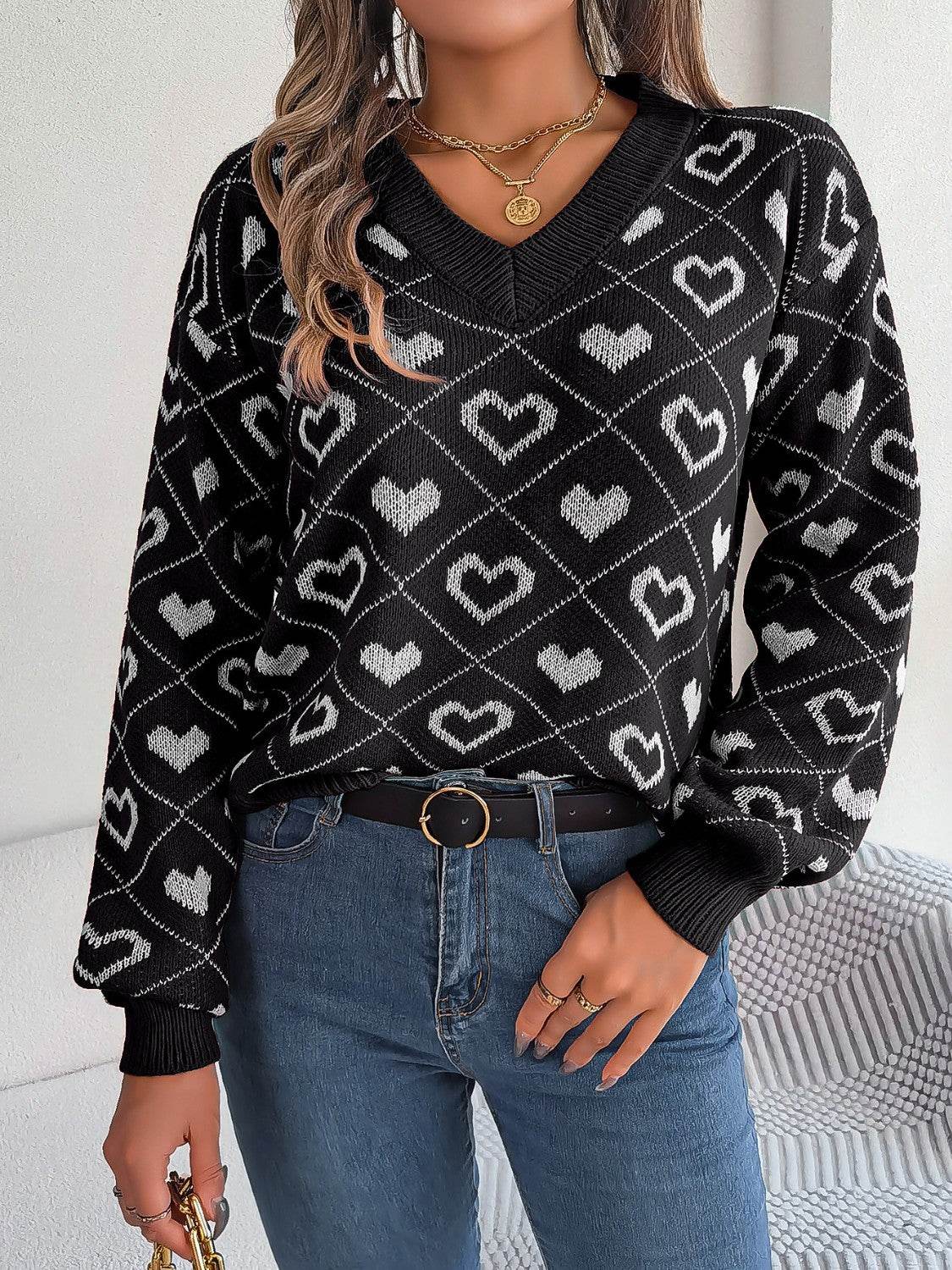 Heart Pattern V-Neck Long Sleeve Sweater for a perfect OOTD – dress to impress outfits from Amexza