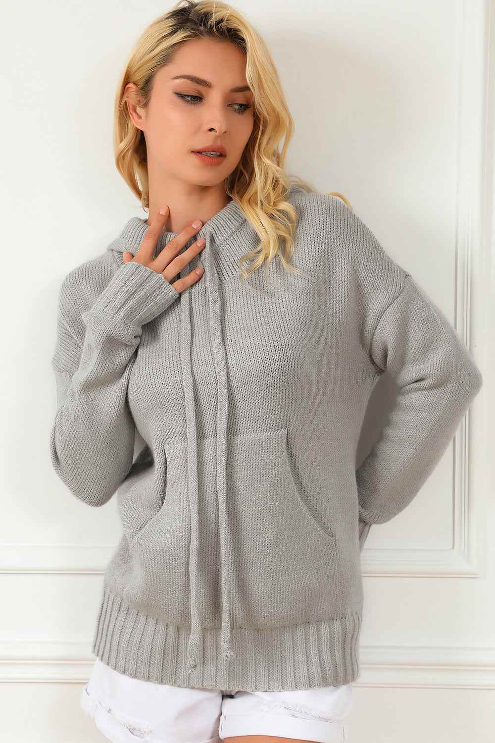 Drawstring Hooded Sweater with Pocket Light Gray for a perfect OOTD – dress to impress outfits from Amexza