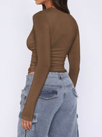 Ruched Asymmetrical Neck Long Sleeve T-Shirt - Amexza