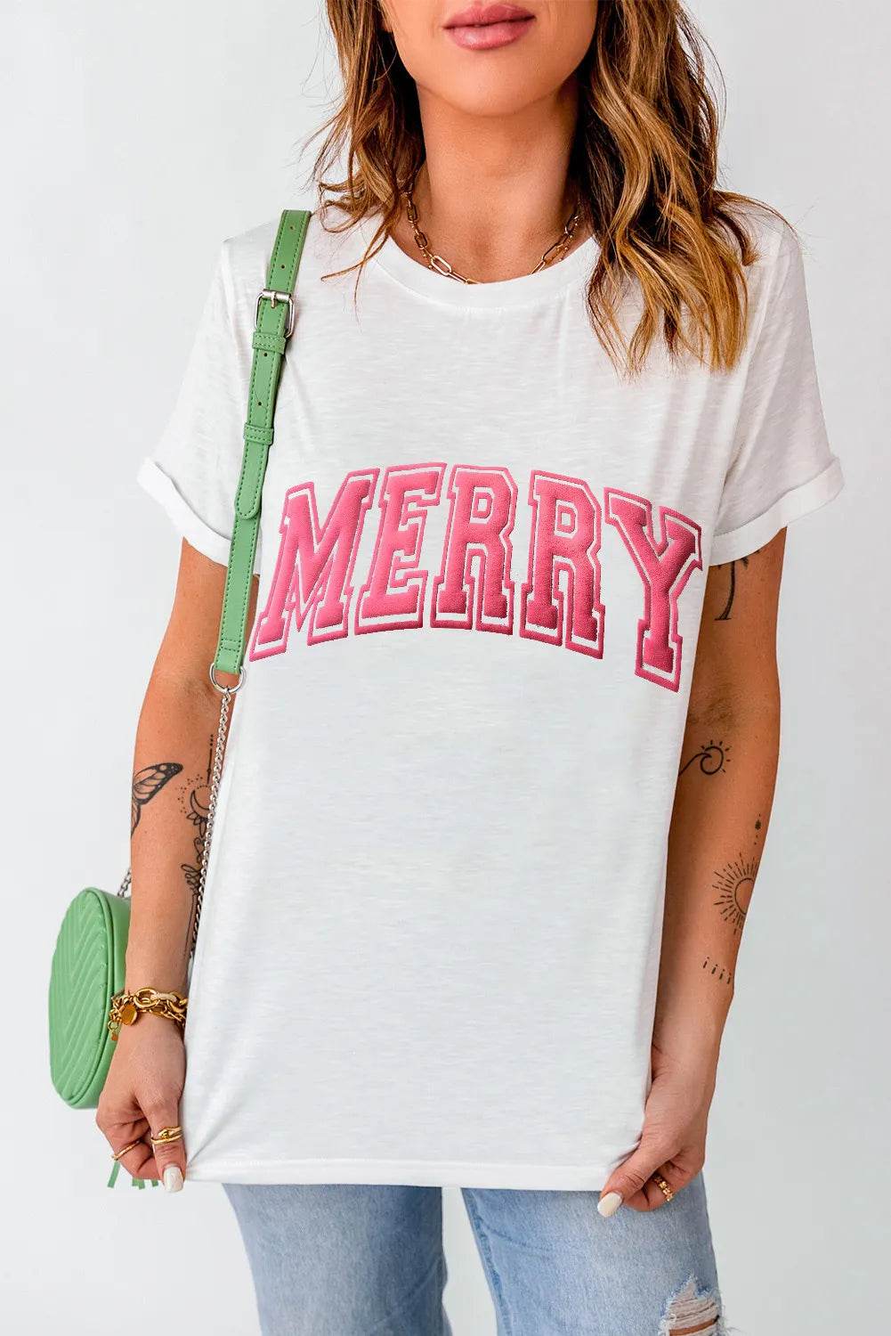 MERRY Round Neck Short Sleeve T-Shirt White for a perfect OOTD – dress to impress outfits from Amexza