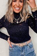 Crochet Turtleneck Long Sleeve Top - Amexza