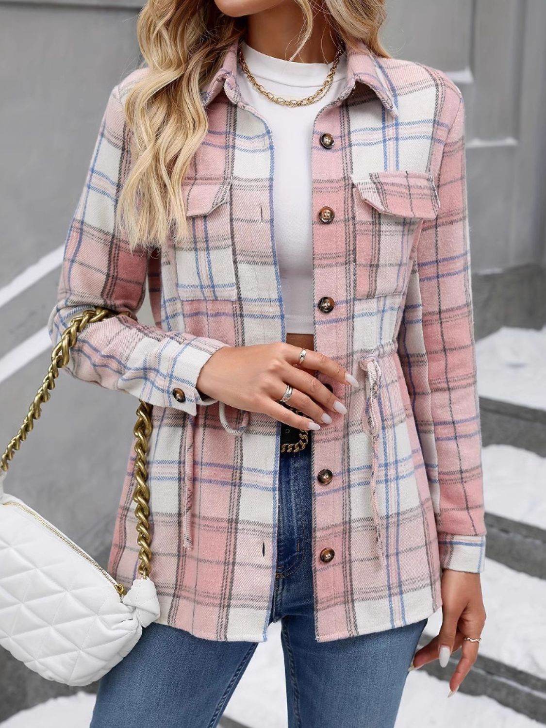 Drawstring Plaid Button Up Jacket with Chest Pockets - Amexza