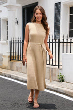 Round Neck Tie Belt Slit Sleeveless Sweater Dress for a perfect OOTD – dress to impress outfits from Amexza