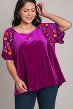 Umgee Full Size Velvet Embroidery Short Sleeve Blouse - Amexza