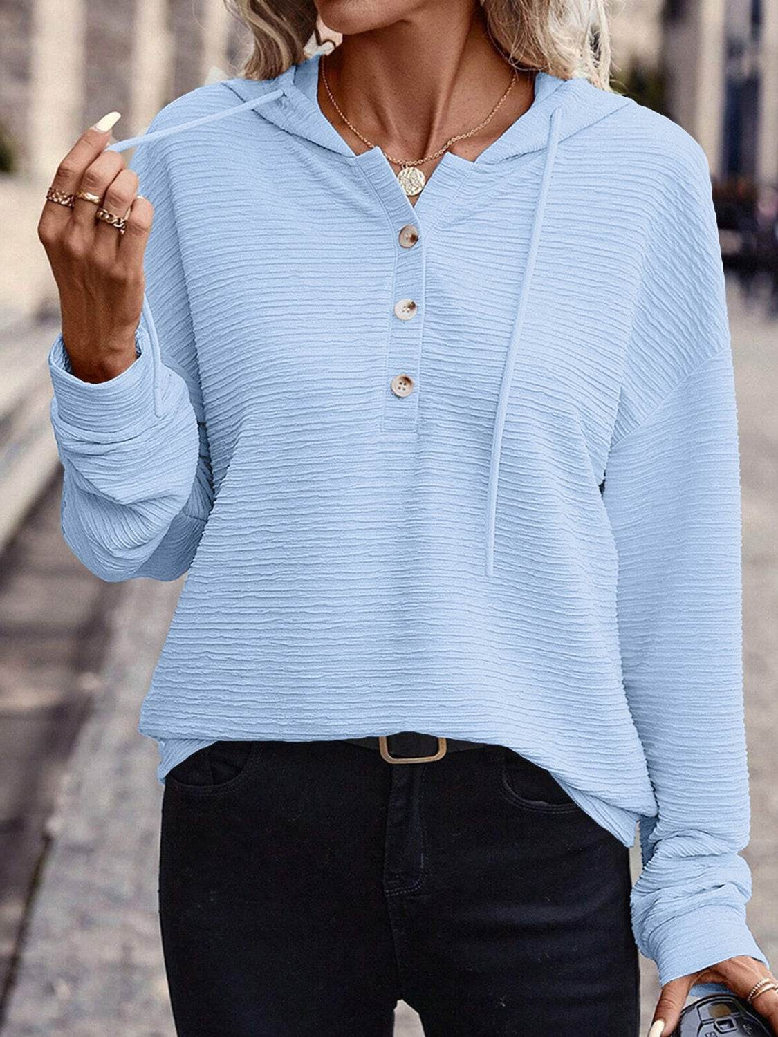 Drawstring Quarter Button Long Sleeve Hoodie Pastel Blue for a perfect OOTD – dress to impress outfits from Amexza