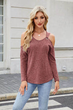 Ribbed Cold Shoulder Long Sleeve Top - Amexza
