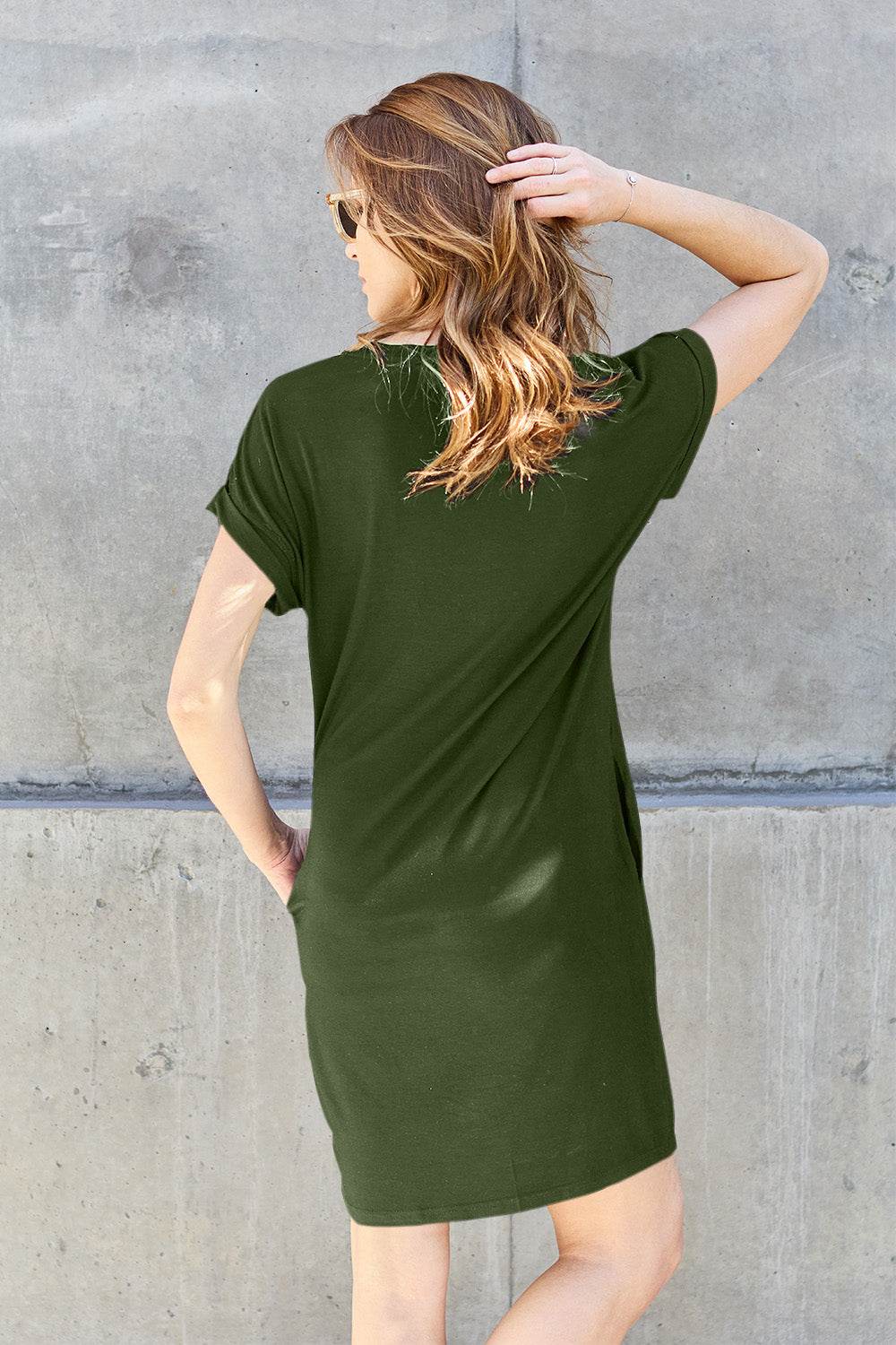 Basic Bae Full Size Round Neck Short Sleeve Dress with Pockets - Amexza