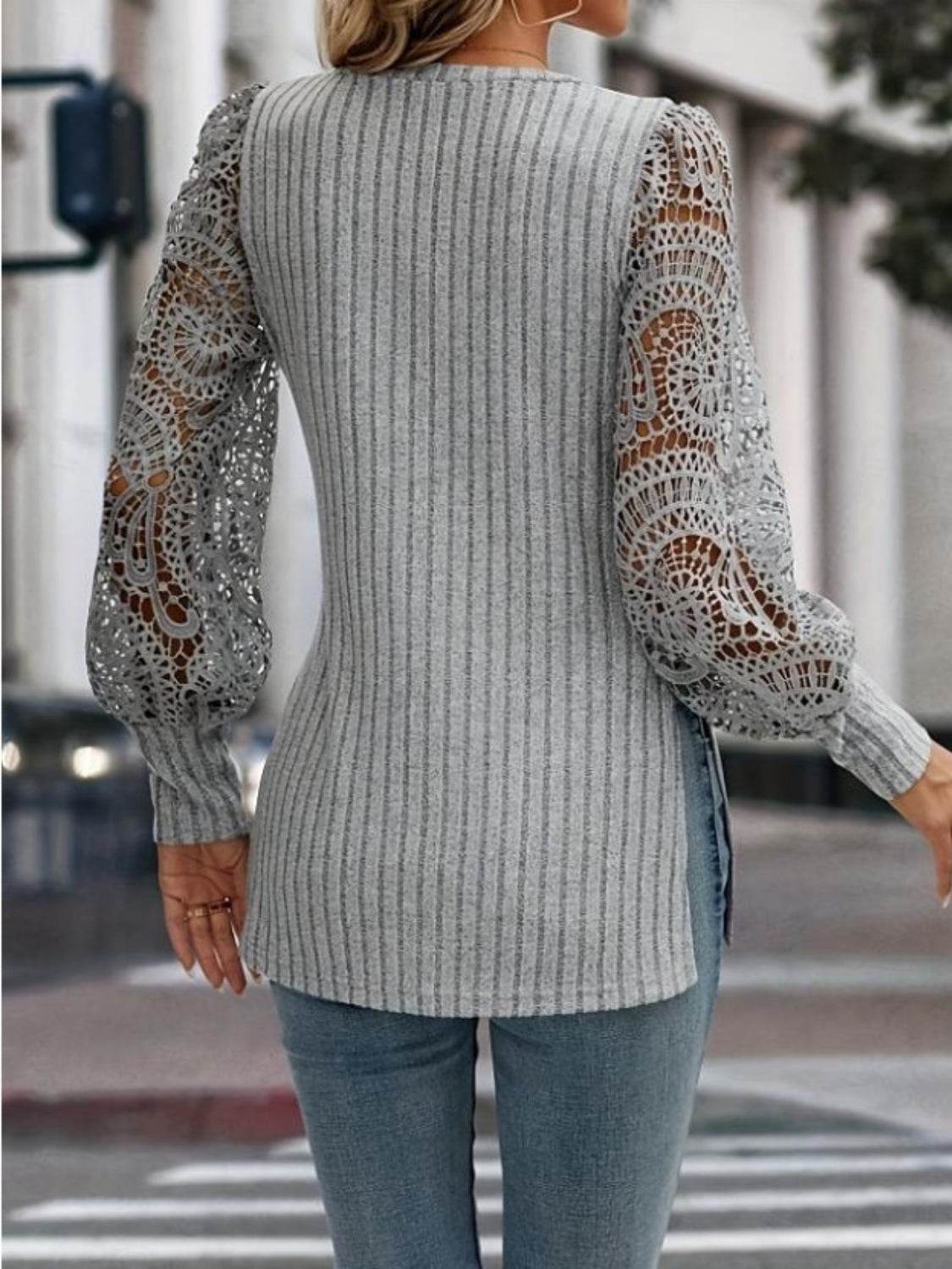 Side Slit V-Neck Lace Long Sleeve T-Shirt - Amexza