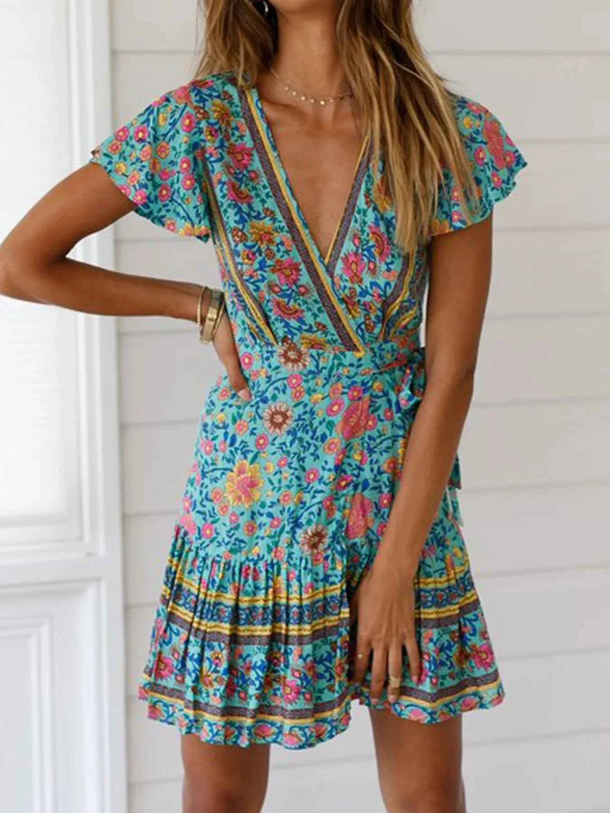 Surplice Flutter Sleeve Mini Dress