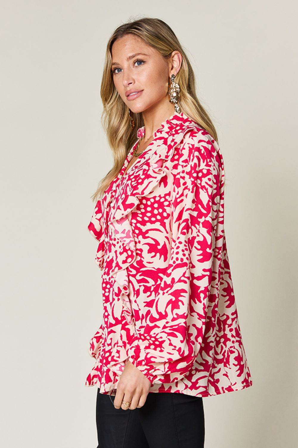Double Take Full Size Printed Ruffle Trim Balloon Sleeve Shirt - Amexza