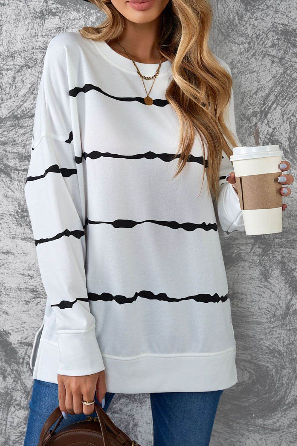 Slit Contrast Striped Round Neck Long Sleeve T-Shirt - Amexza