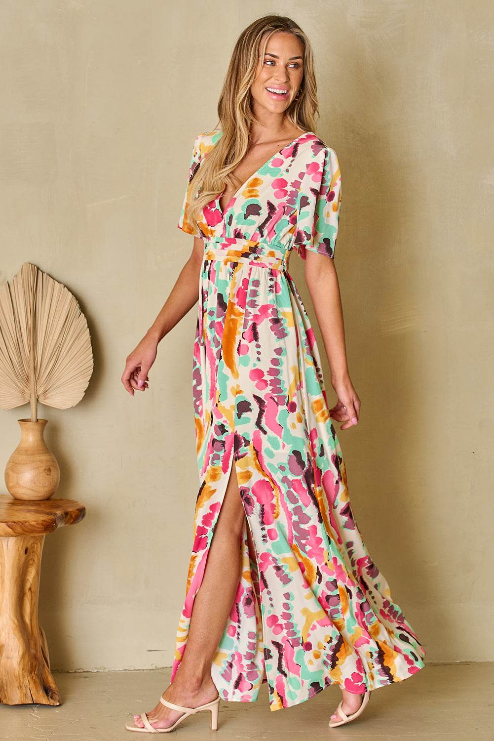 Slit Printed Surplice Short Sleeve Maxi Dress - Amexza