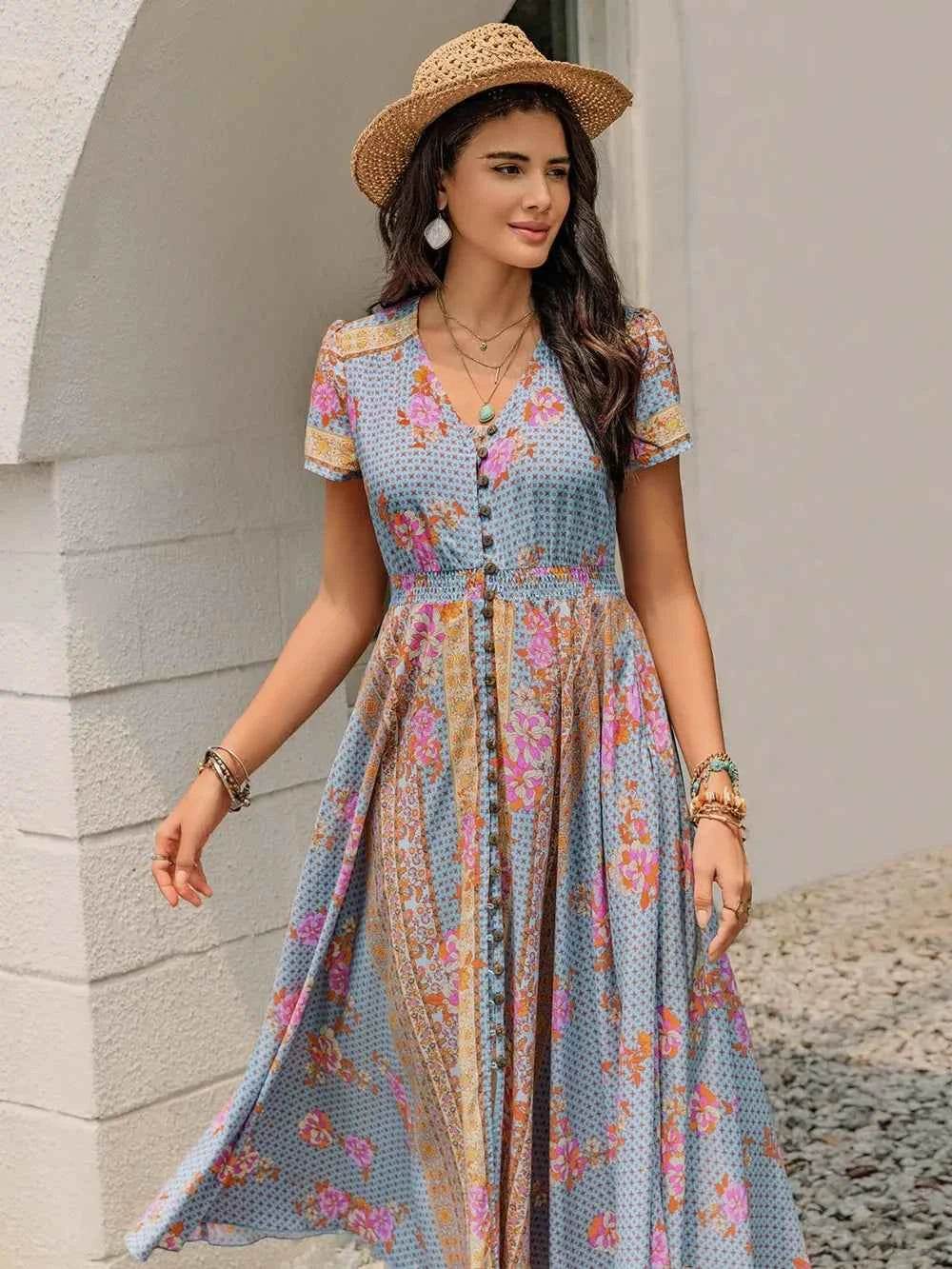 Smocked Floral V-Neck Short Sleeve Midi Dress for a perfect OOTD – dress to impress outfits from Amexza