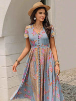 Smocked Floral V-Neck Short Sleeve Midi Dress for a perfect OOTD – dress to impress outfits from Amexza