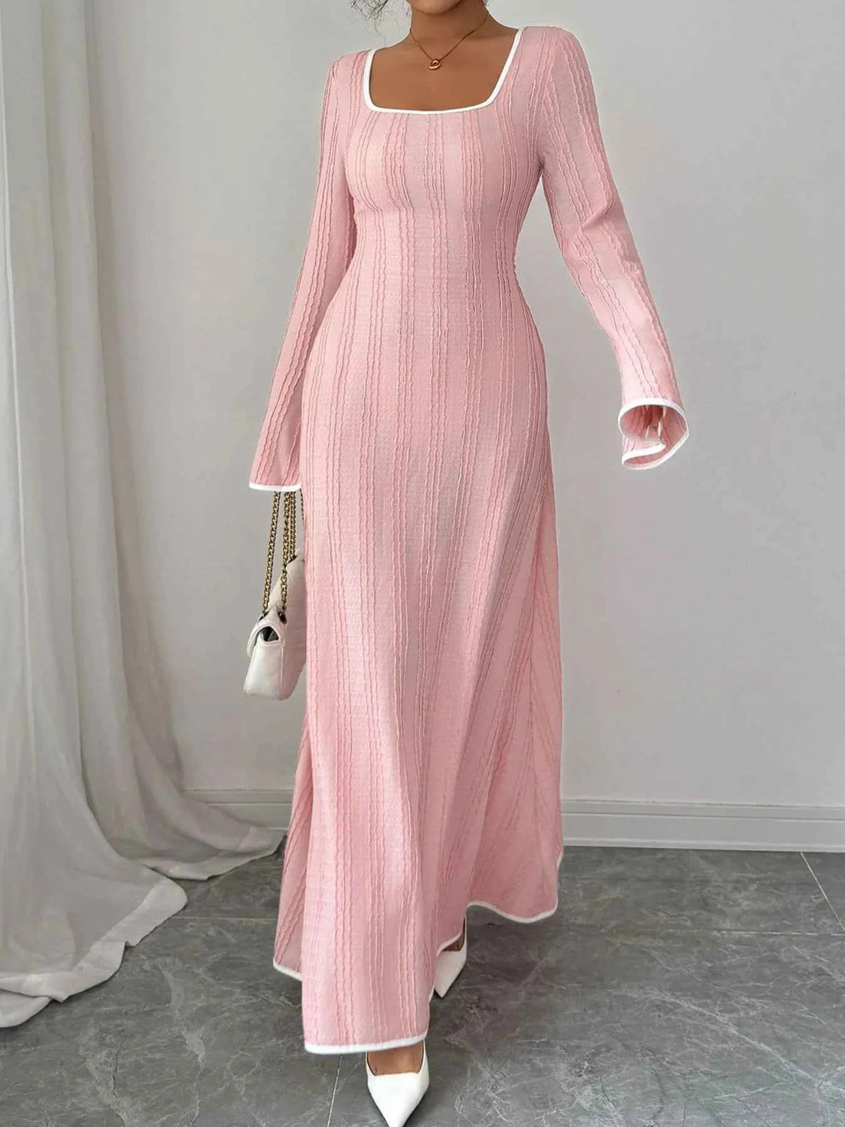 Textured Square Neck Long Sleeve Maxi Dress