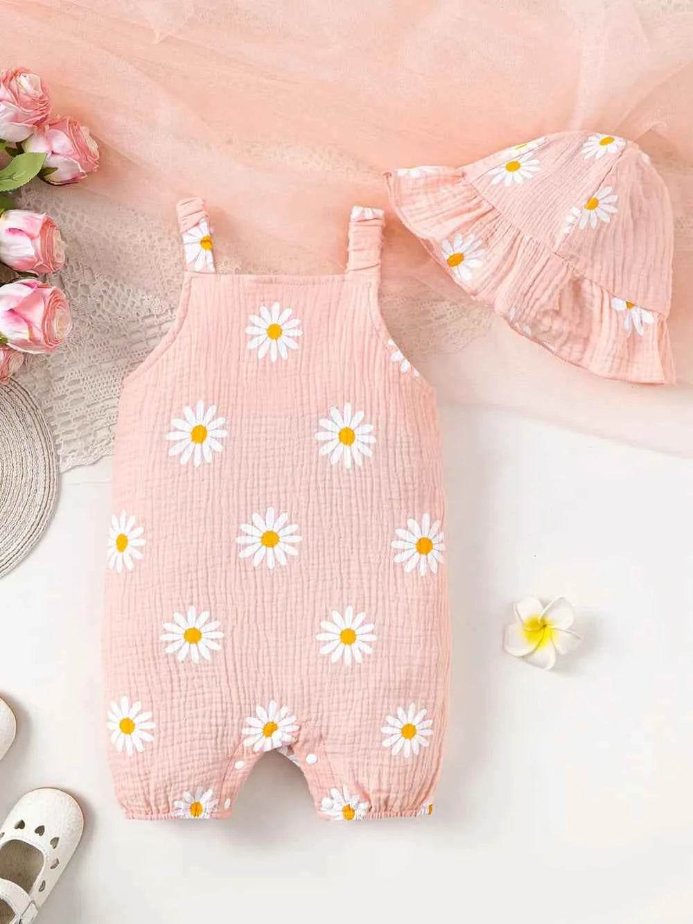 Children's Daisy Textured Wide Strap Romper and Hat Set Watermelon pink for a perfect OOTD – dress to impress outfits from Amexza