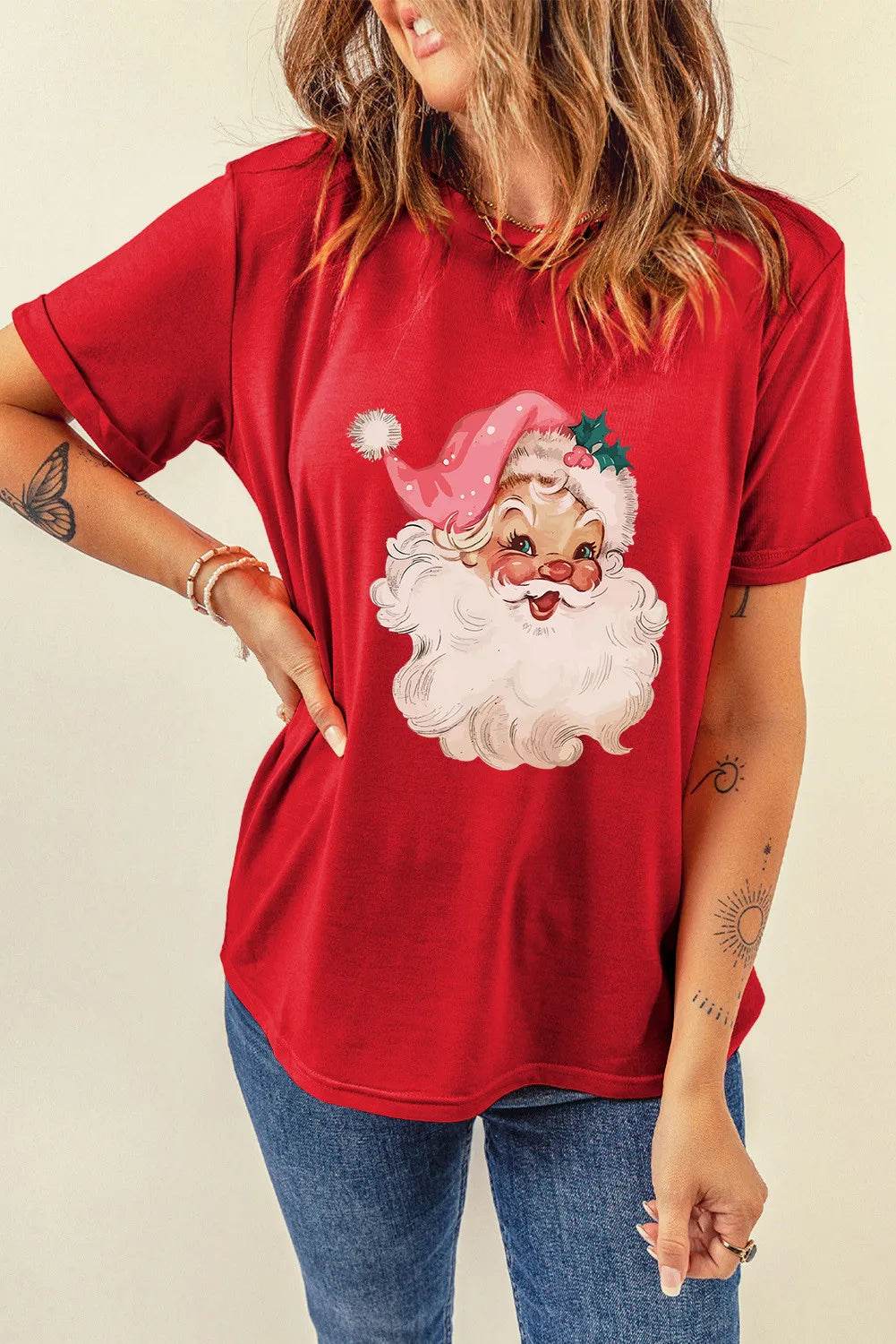Santa Round Neck Short Sleeve T-Shirt - Amexza