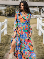 Printed Smocked Tie Neck Balloon Sleeve Maxi Dress - Amexza