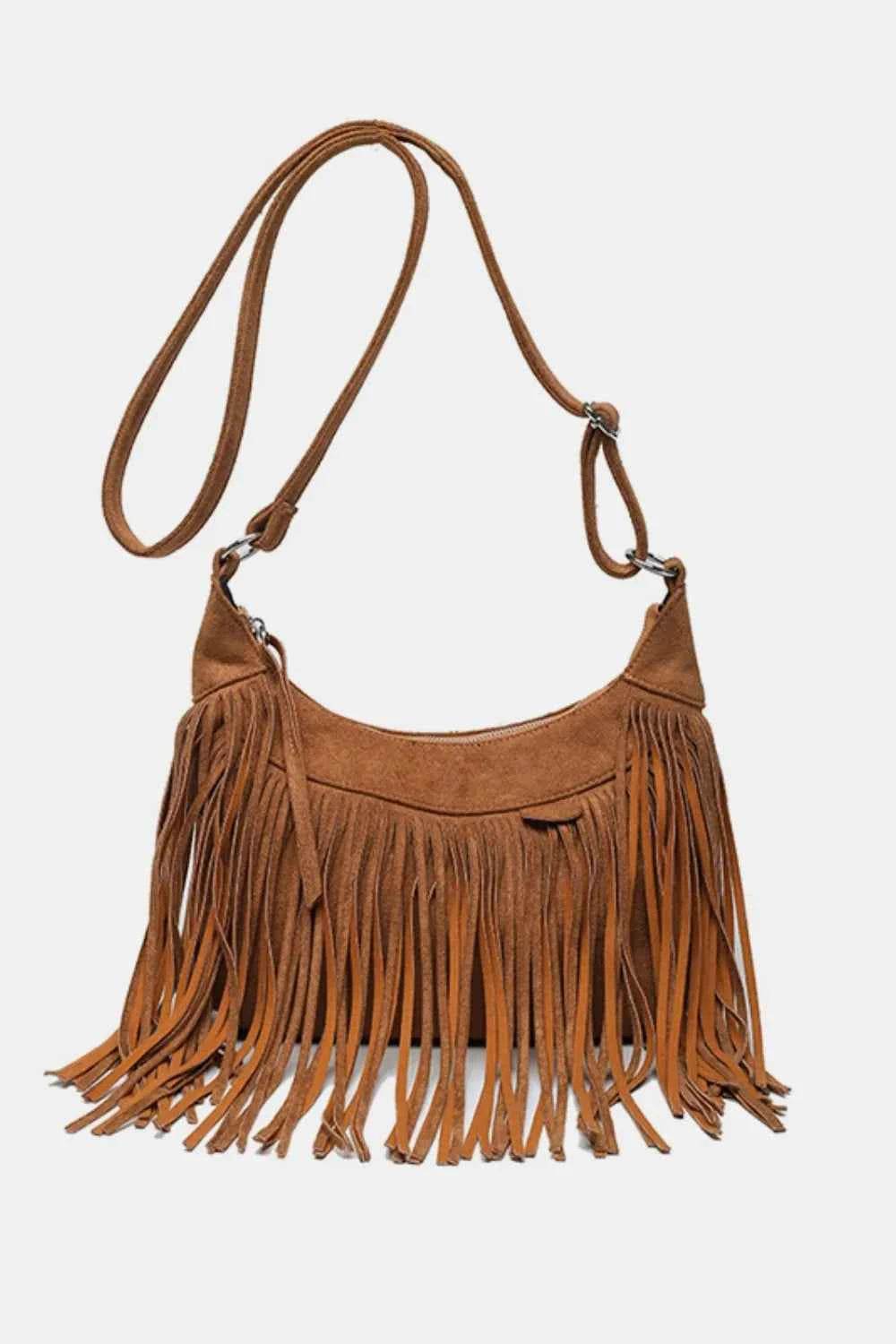 Suede Fringe Adjustable Strap Shoulder Bag Caramel One Size for a perfect OOTD – dress to impress outfits from Amexza