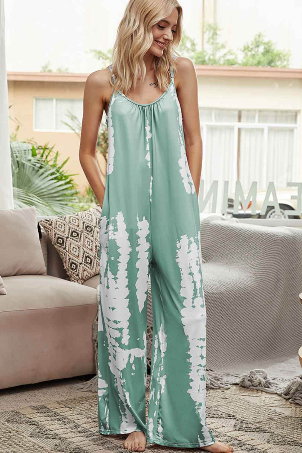 Shiny Tie-Dye Spaghetti Strap Jumpsuit with Pockets Light Green for a perfect OOTD – dress to impress outfits from Amexza