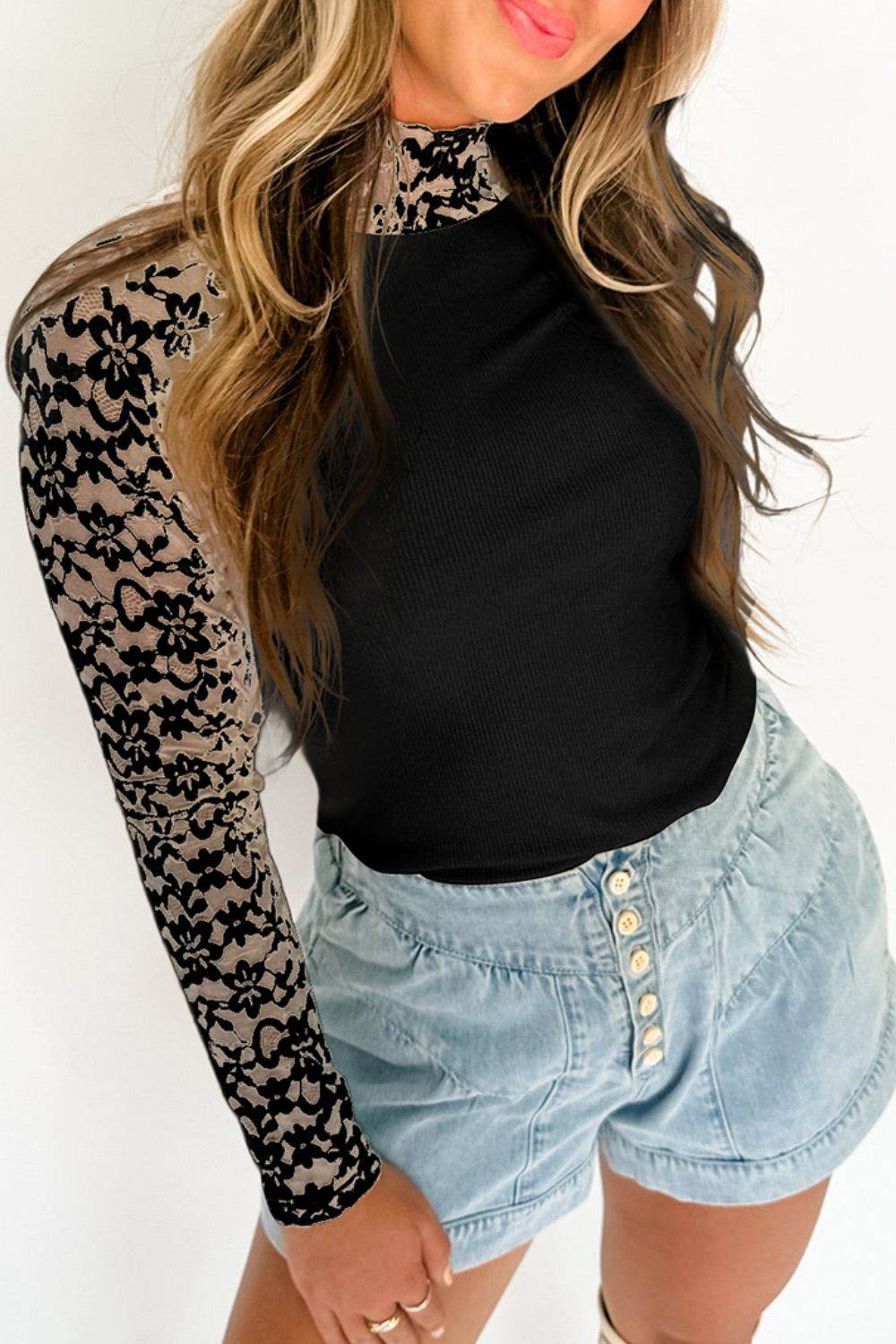 Mock Neck Long Sleeve Lace Patchwork T-Shirt - Amexza