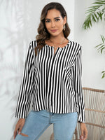 Striped Long Sleeve Notched Blouse - Amexza