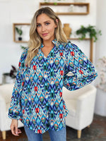 Double Take Full Size Printed Balloon Sleeve Blouse - Amexza