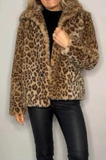 Full Size Leopard Furry Collared Neck Long Sleeve Coat - Amexza