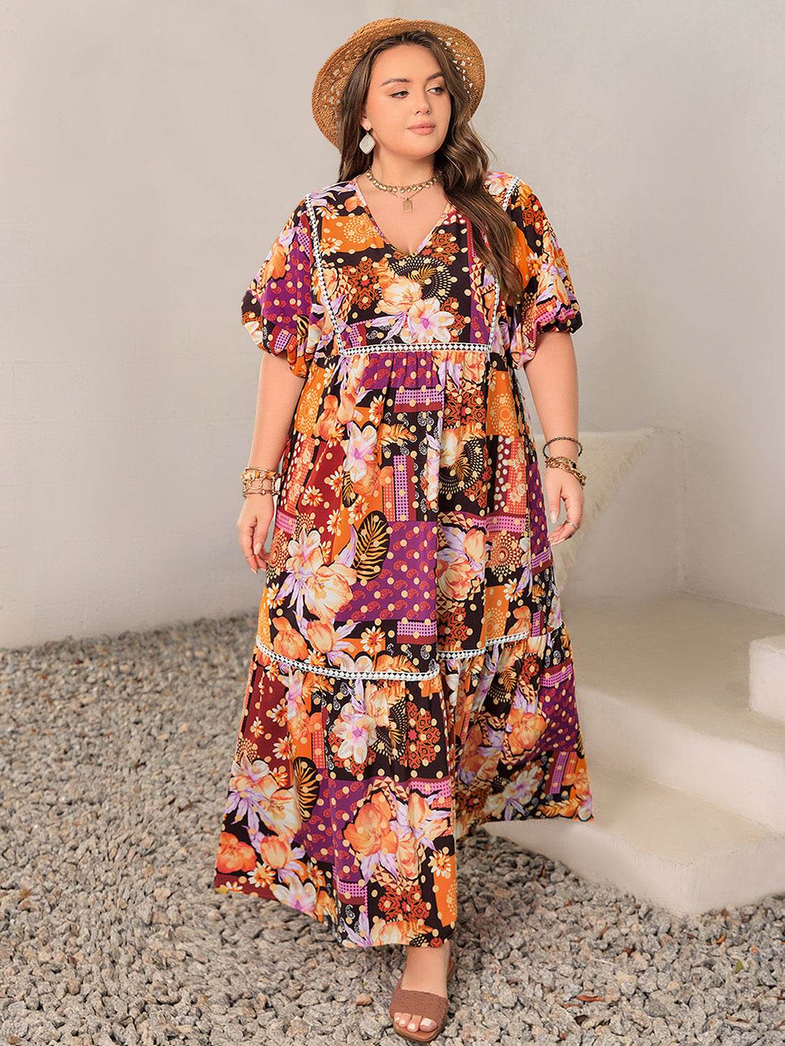Plus Size Printed V-Neck Half Sleeve Maxi Dress - Amexza