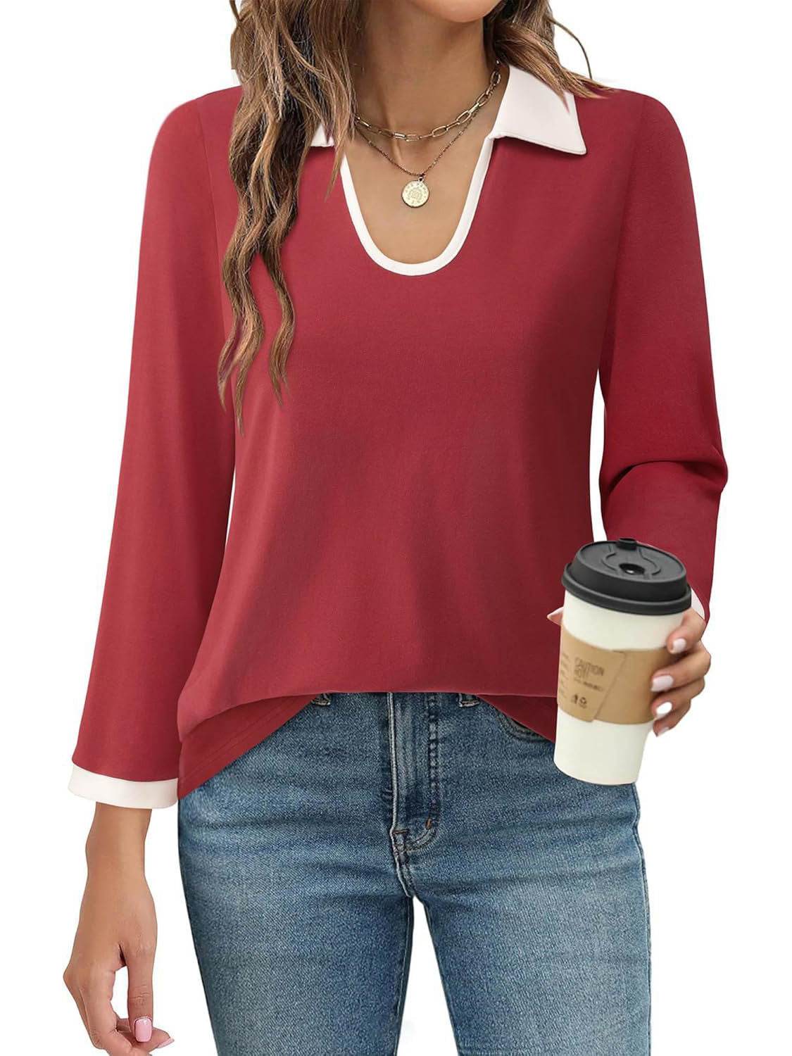 Contrast Collared Neck Long Sleeve Top - Amexza