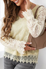Lace Detail V-Neck Long Sleeve Blouse - Amexza