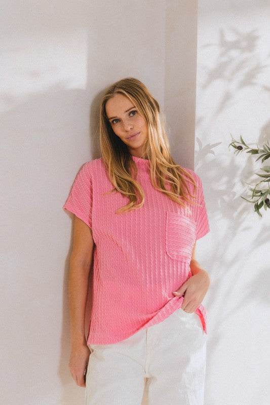 Ces Femme Texture Mock Neck Short Sleeve Knit Top for a perfect OOTD – dress to impress outfits from Amexza