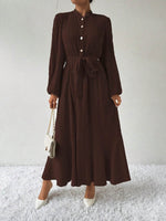 Half Button Tie Waist Long Sleeve Maxi Dress - Amexza