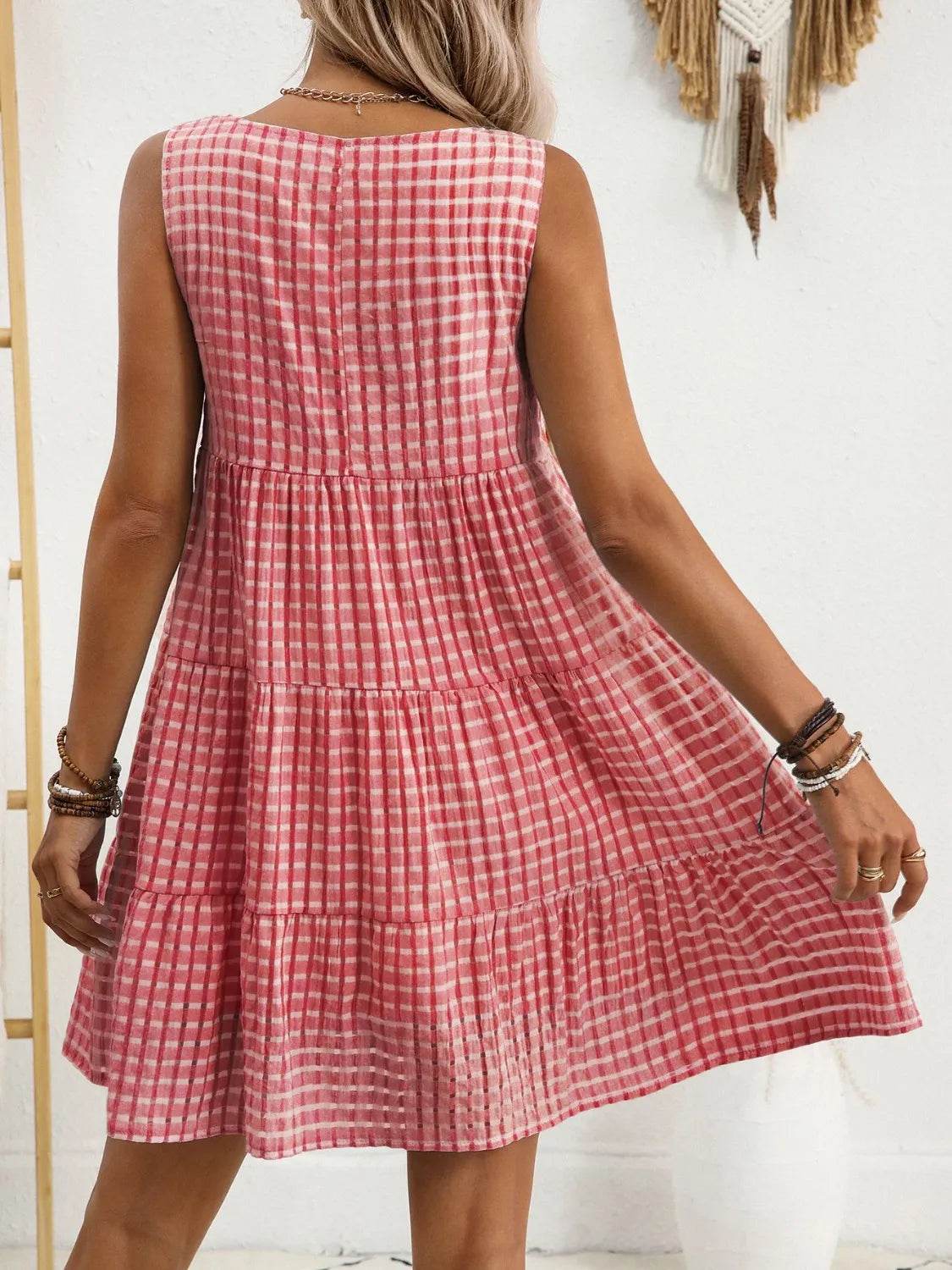 Plaid Round Neck Sleeveless Mini Dress for a perfect OOTD – dress to impress outfits from Amexza