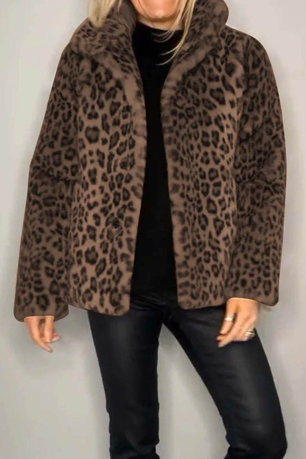 Full Size Leopard Furry Collared Neck Long Sleeve Coat - Amexza
