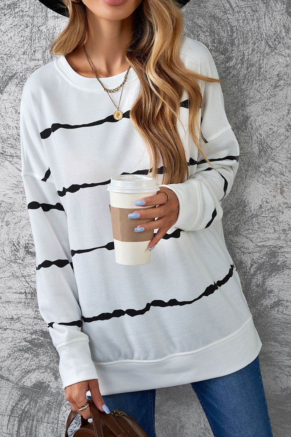 Slit Contrast Striped Round Neck Long Sleeve T-Shirt - Amexza