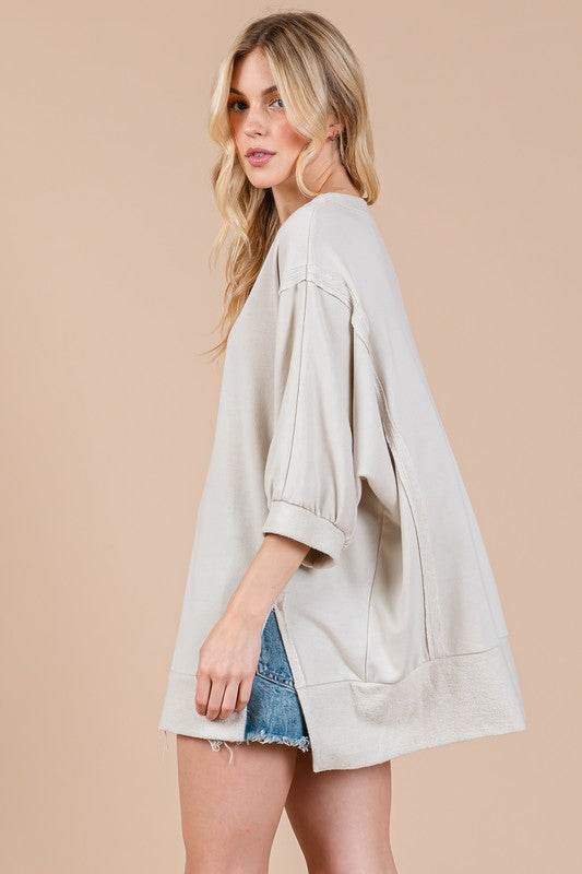 Ces Femme Side Slit Drop Shoulder Puff Sleeve Sweatshirt for a perfect OOTD – dress to impress outfits from Amexza