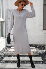 Notched Neck Dropped Shoulder Button-Down Midi Dress Light Gray for a perfect OOTD – dress to impress outfits from Amexza