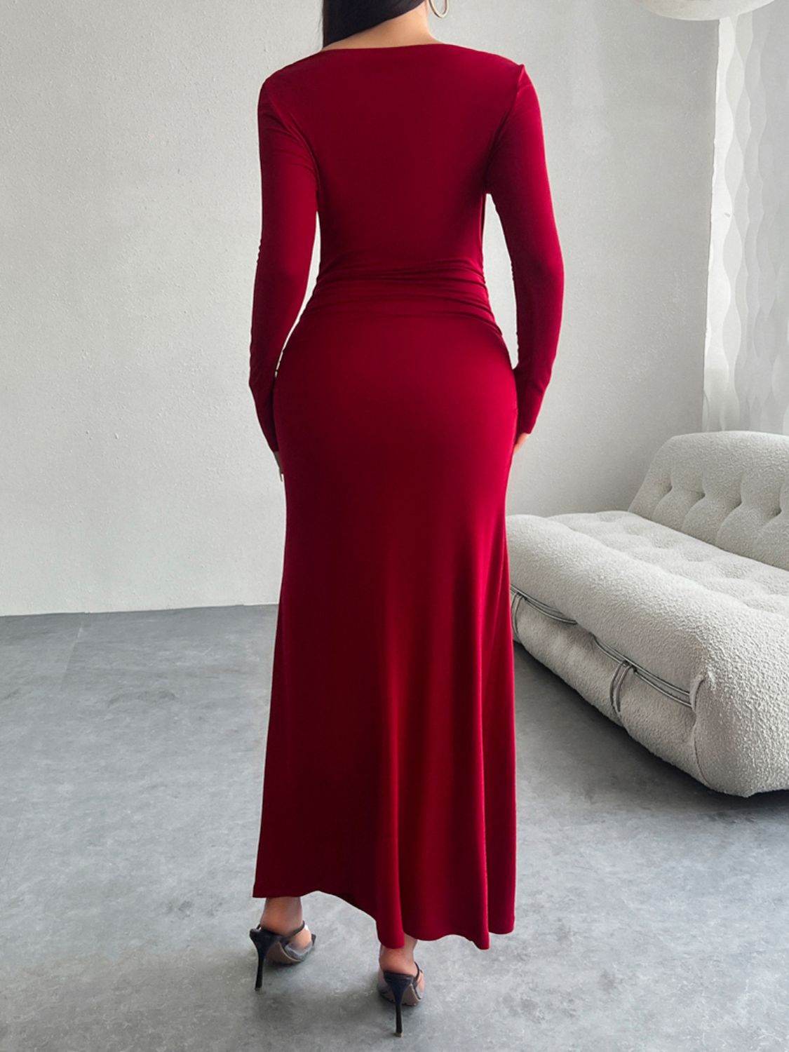Devine Ruched Long Sleeve Maxi Dress - Amexza