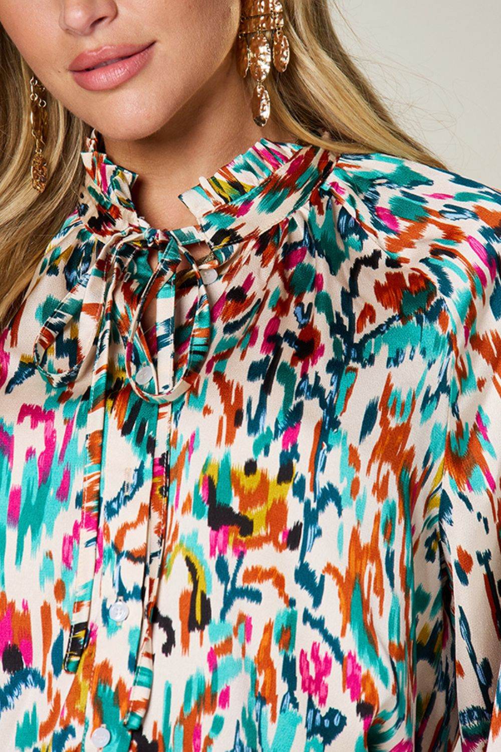 Double Take Full Size Printed Button Up Long Sleeve Shirt - Amexza