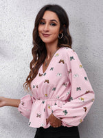 Butterfly V-Neck Balloon Sleeve Peplum Blouse - Amexza
