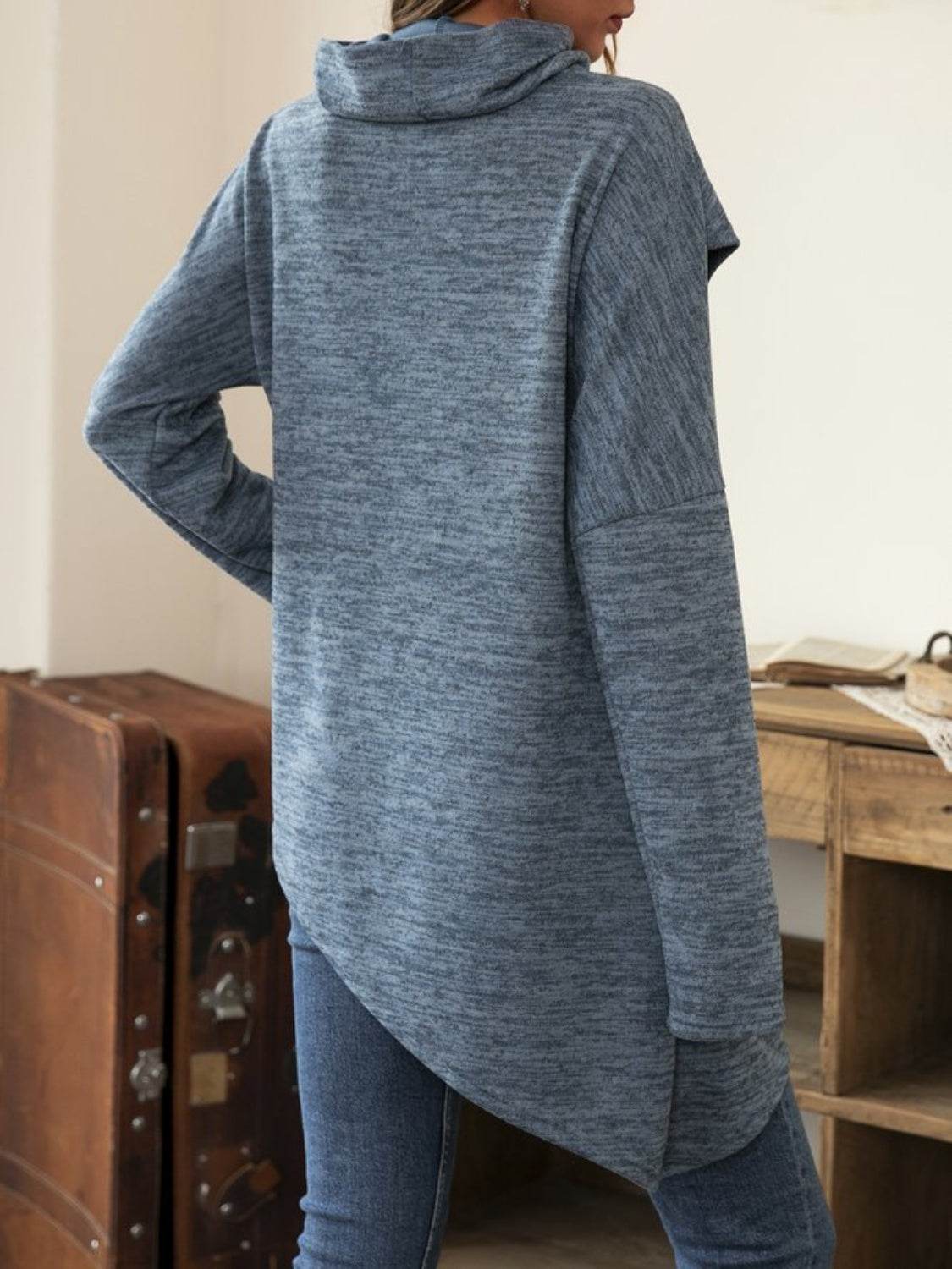 Asymmetrical Hem Cowl Neck Long Sleeve T-Shirt - Amexza